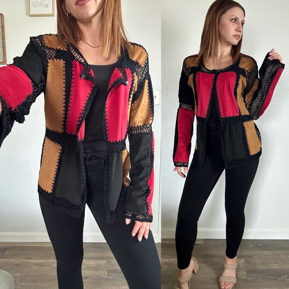 T&W Designs Colorblock Patchwork sueded cardigan Jacket size XL